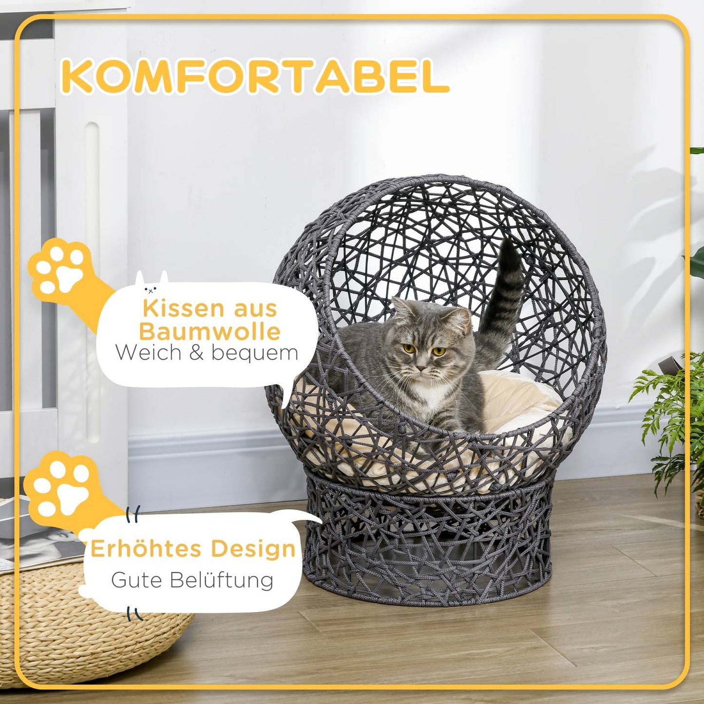 Stylish Cat Bed Cave with Cushion - Purple & Cream Rep