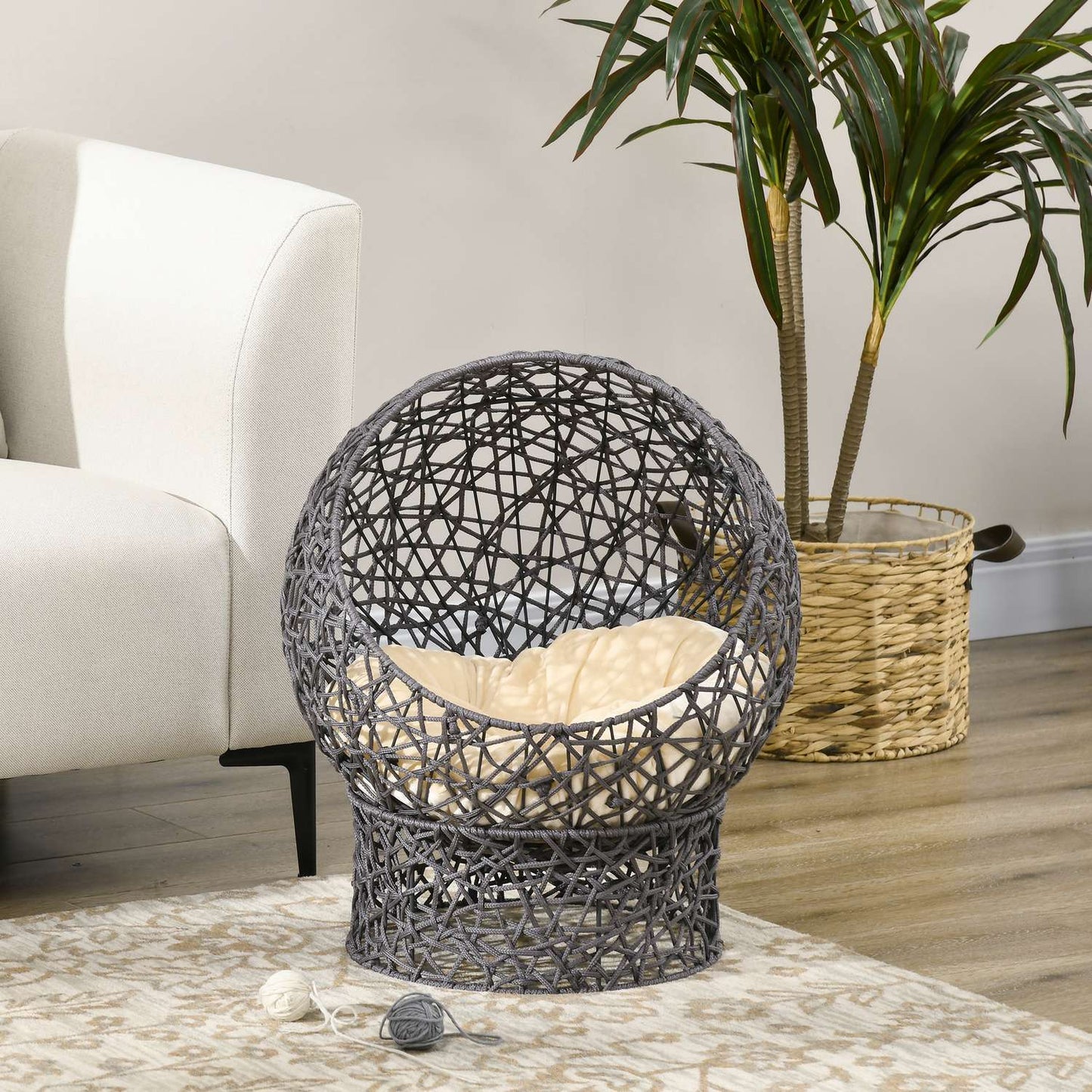 Stylish Cat Bed Cave with Cushion - Purple & Cream Rep
