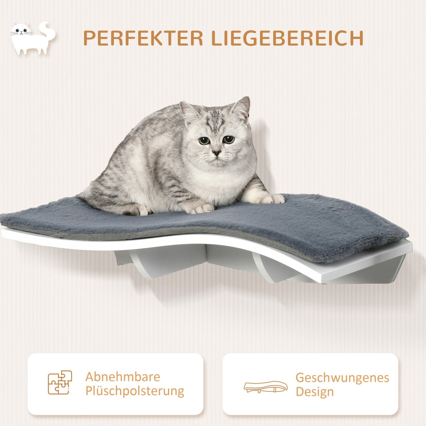 Wall-hung cat bed with plush pillow, white/grey