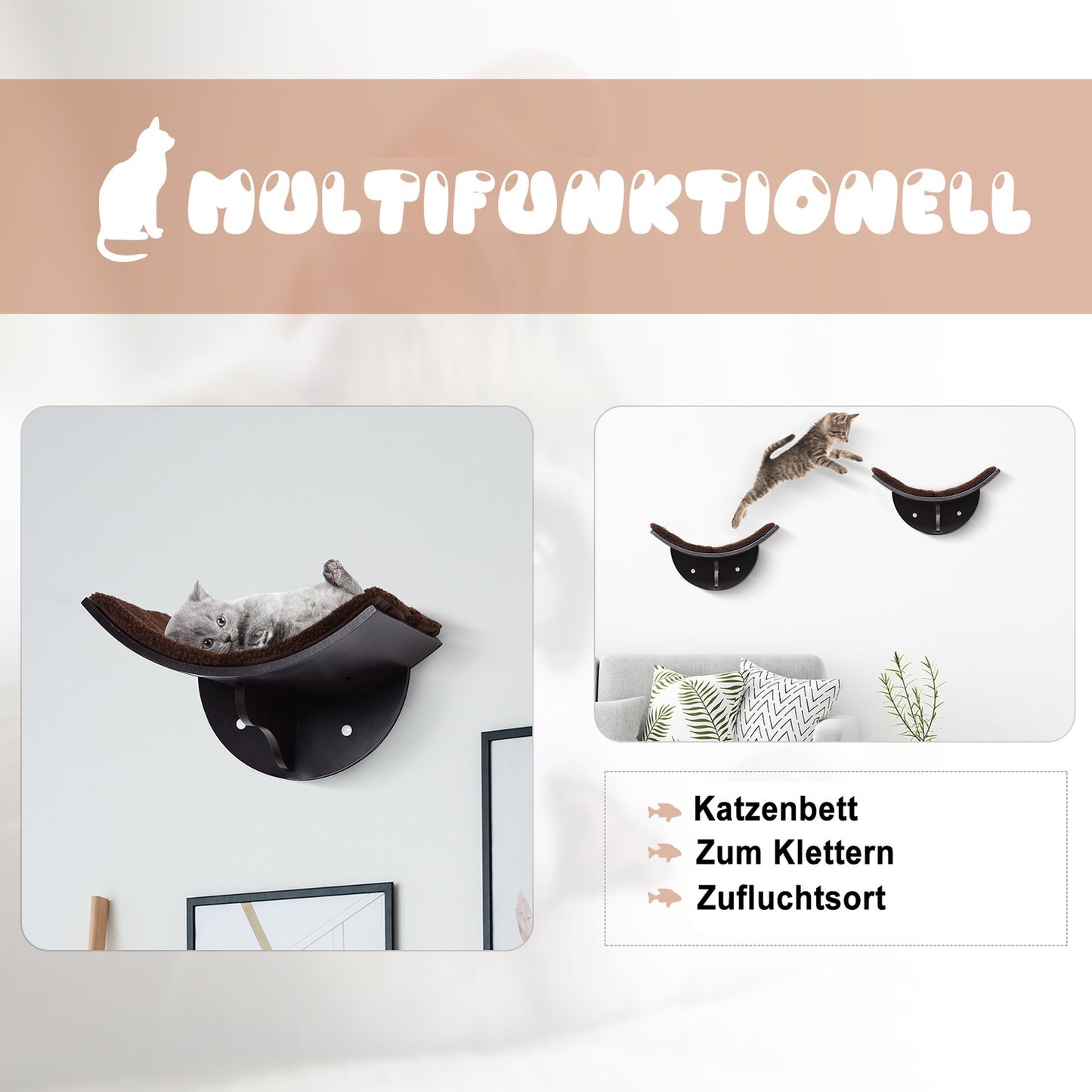 Wall-mounted cat bed with plush cushion, easy assembly