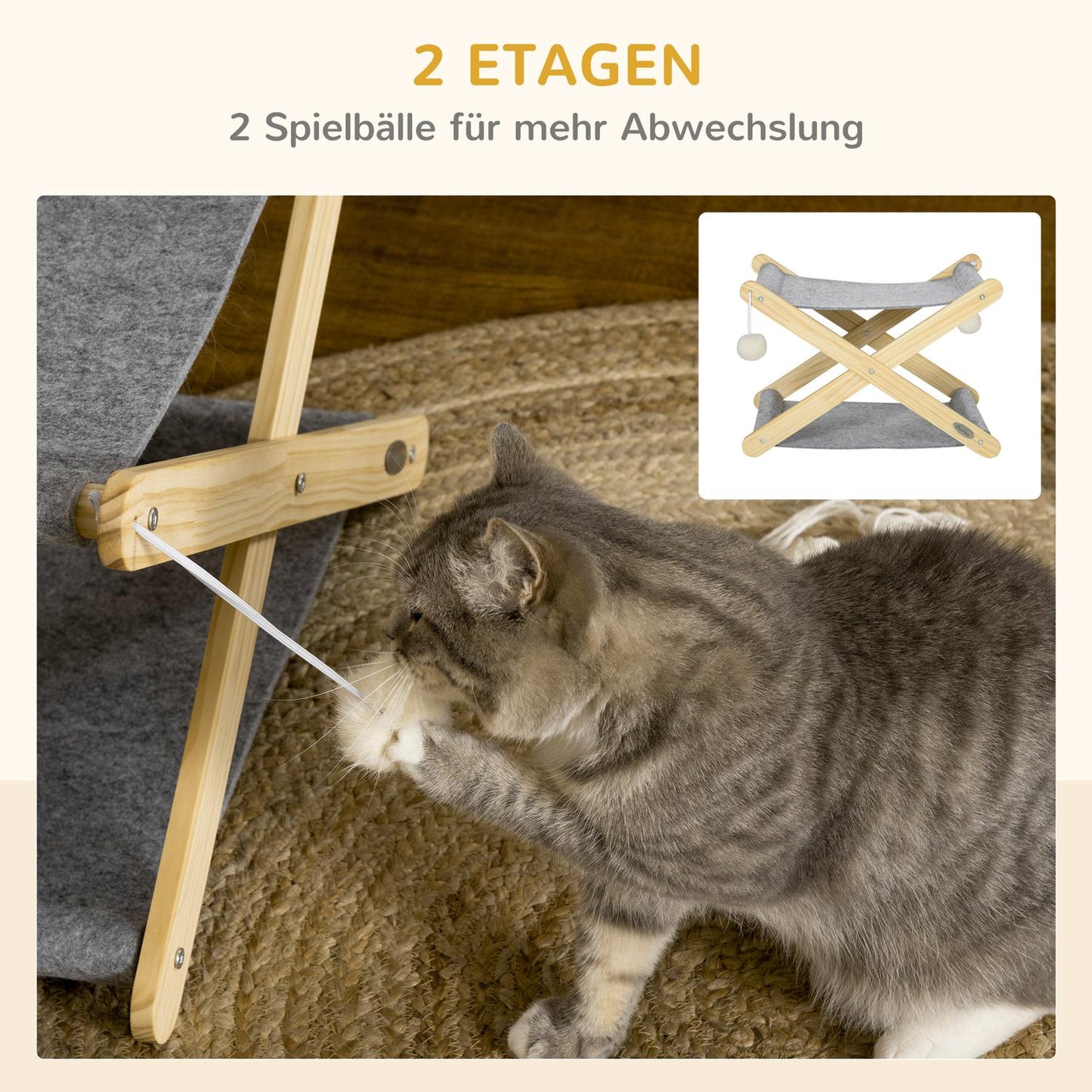 Foldable 2-level pine cat bed with toy ball