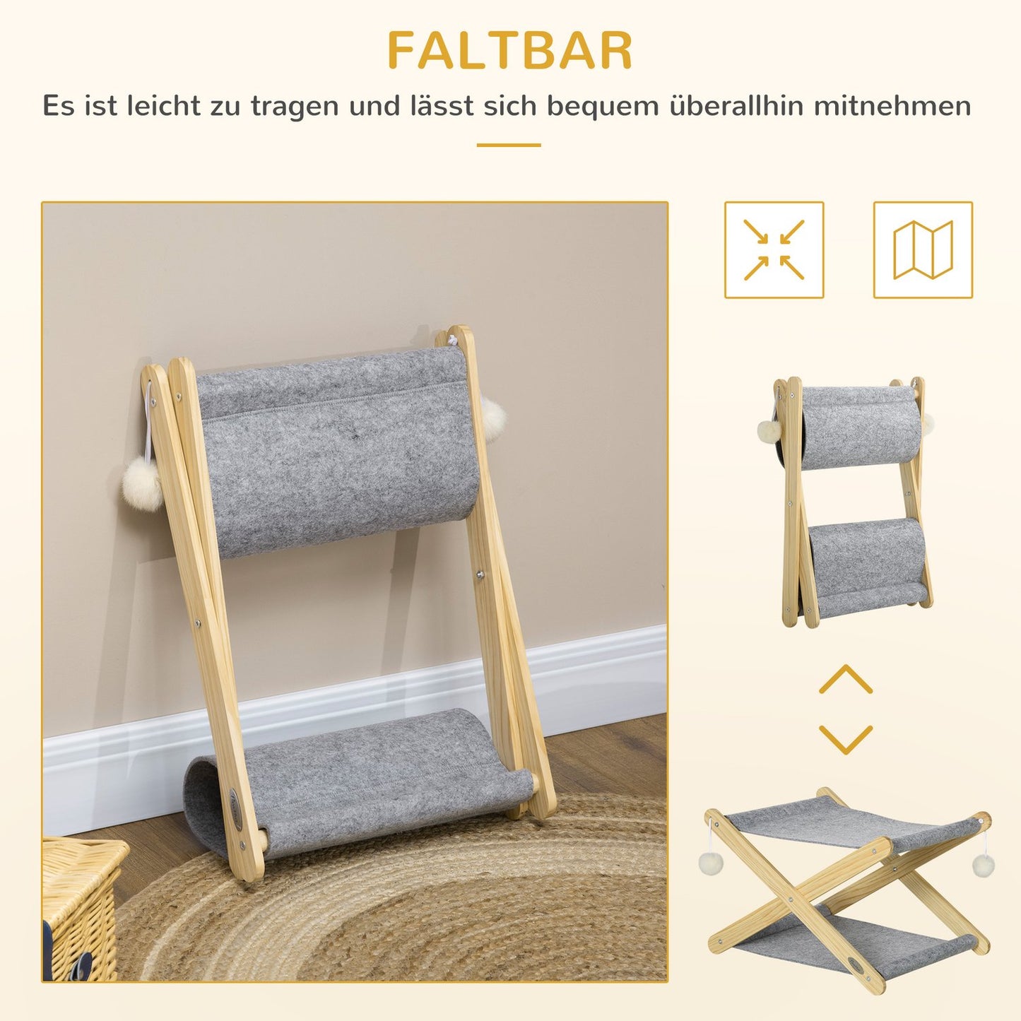 Foldable 2-level pine cat bed with toy ball