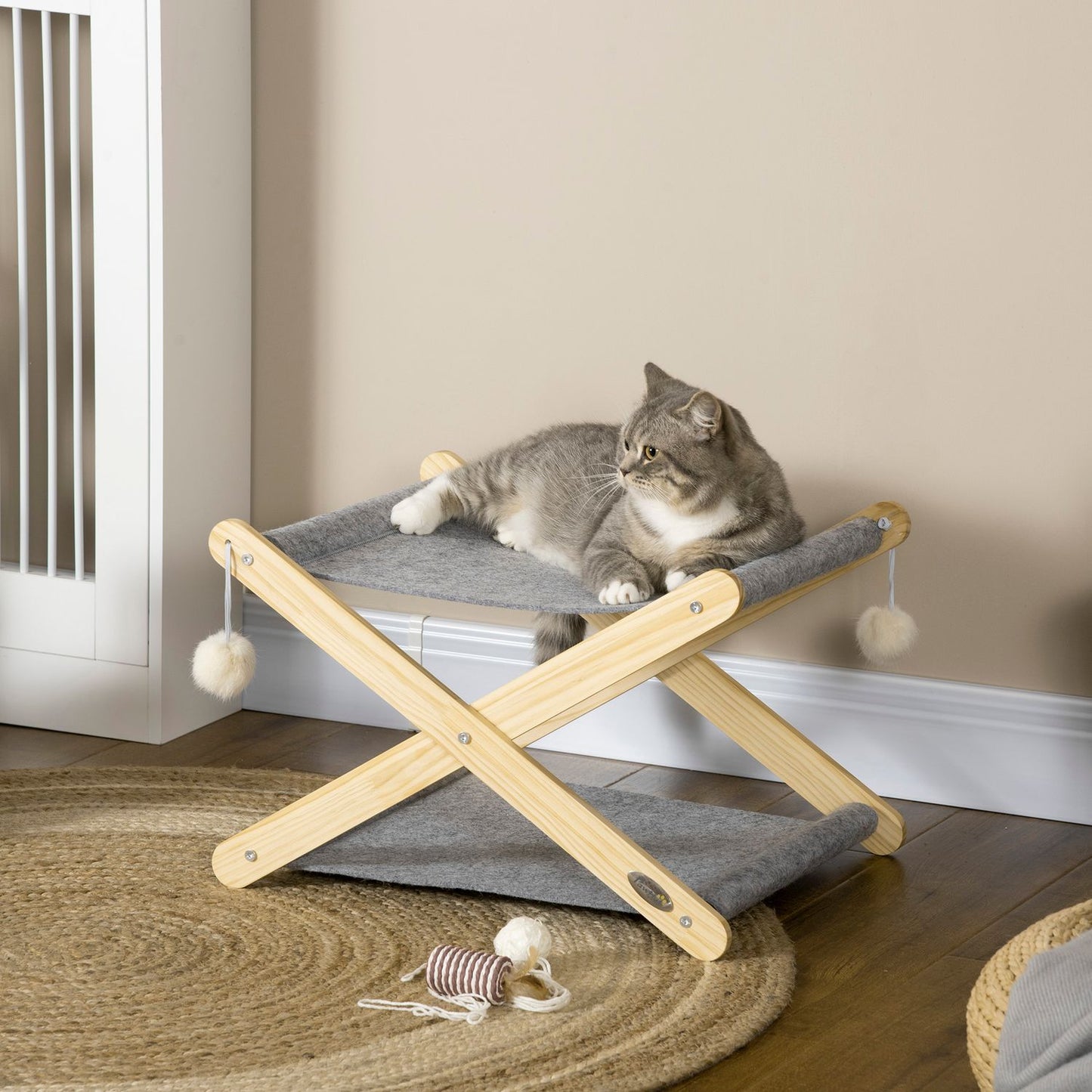Foldable 2-level pine cat bed with toy ball