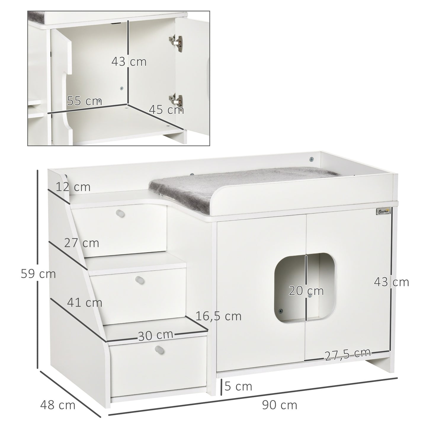 Cat litter box, hidden, white, with stairs
