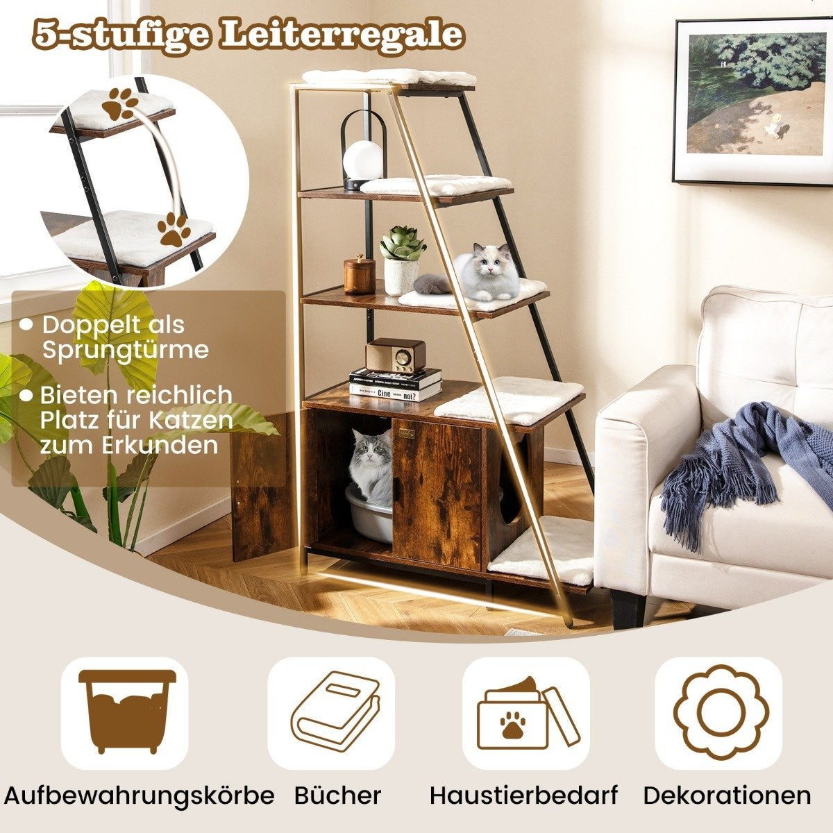 Cat Cabinet with Ladder Shelf and Litter Box Storage, Brown