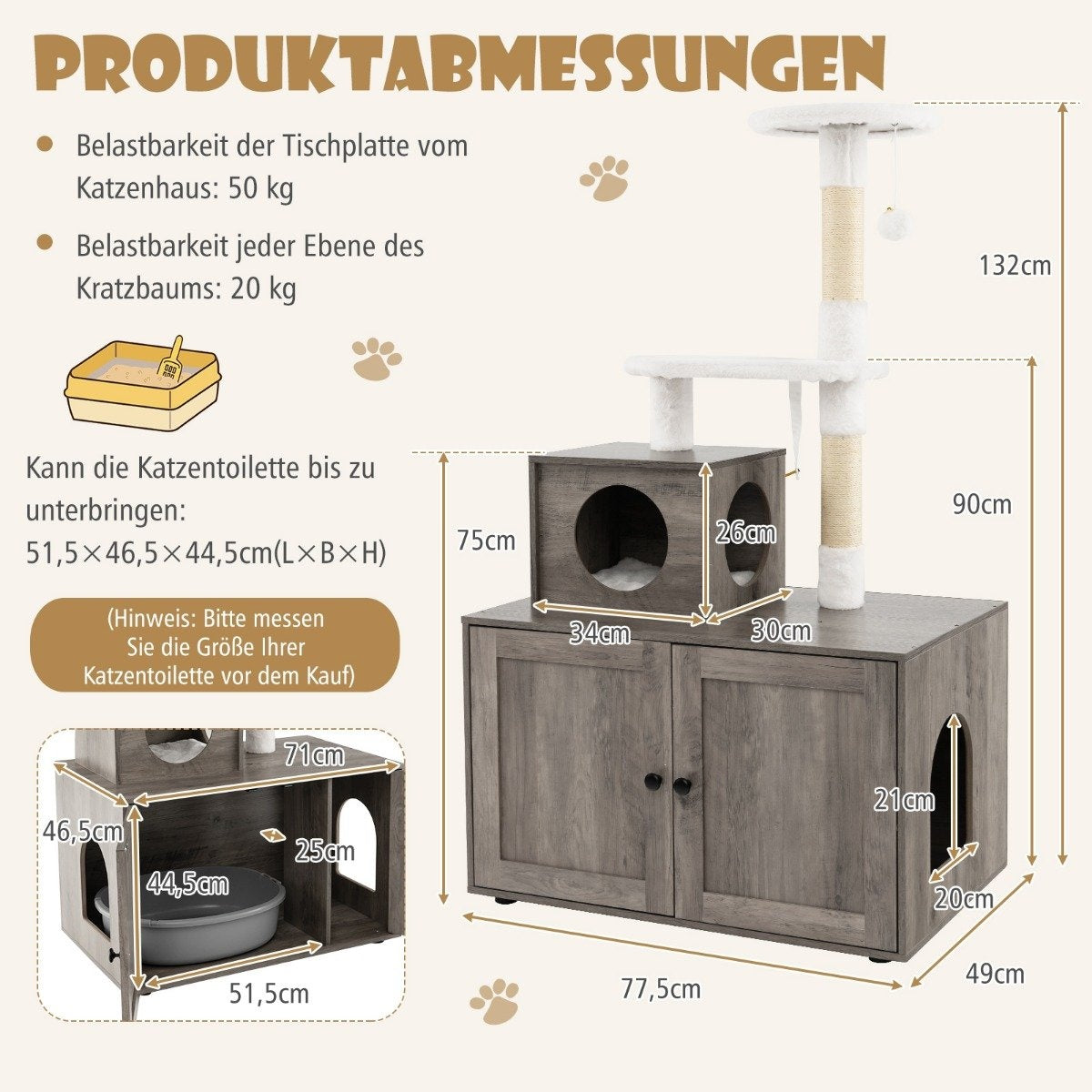 Cat Cabinet with Scratching Post for Litter Box, Gray