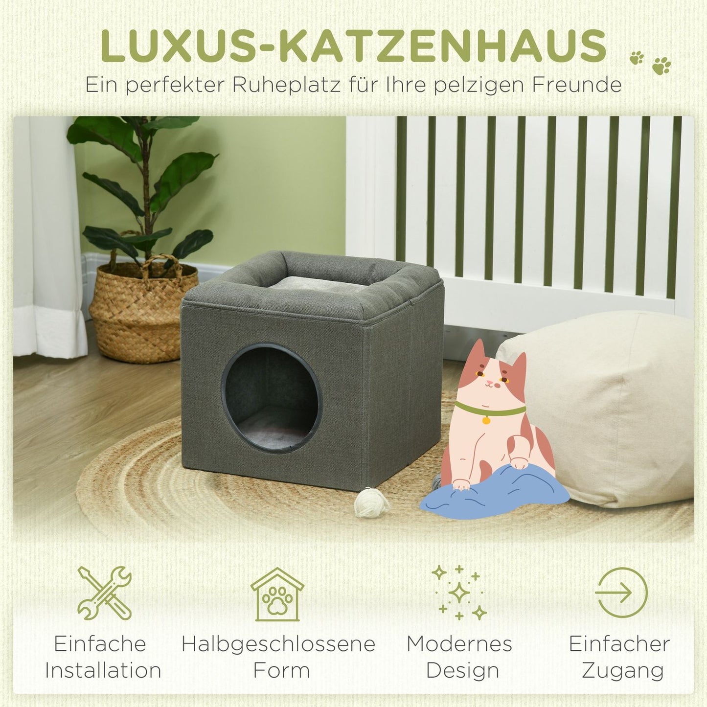 Two-story cat cave with cushion, suitable for cats up to 5 kg