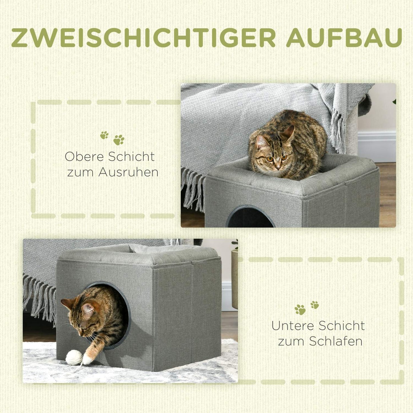 Two-story cat cave with cushion, suitable for cats up to 5 kg