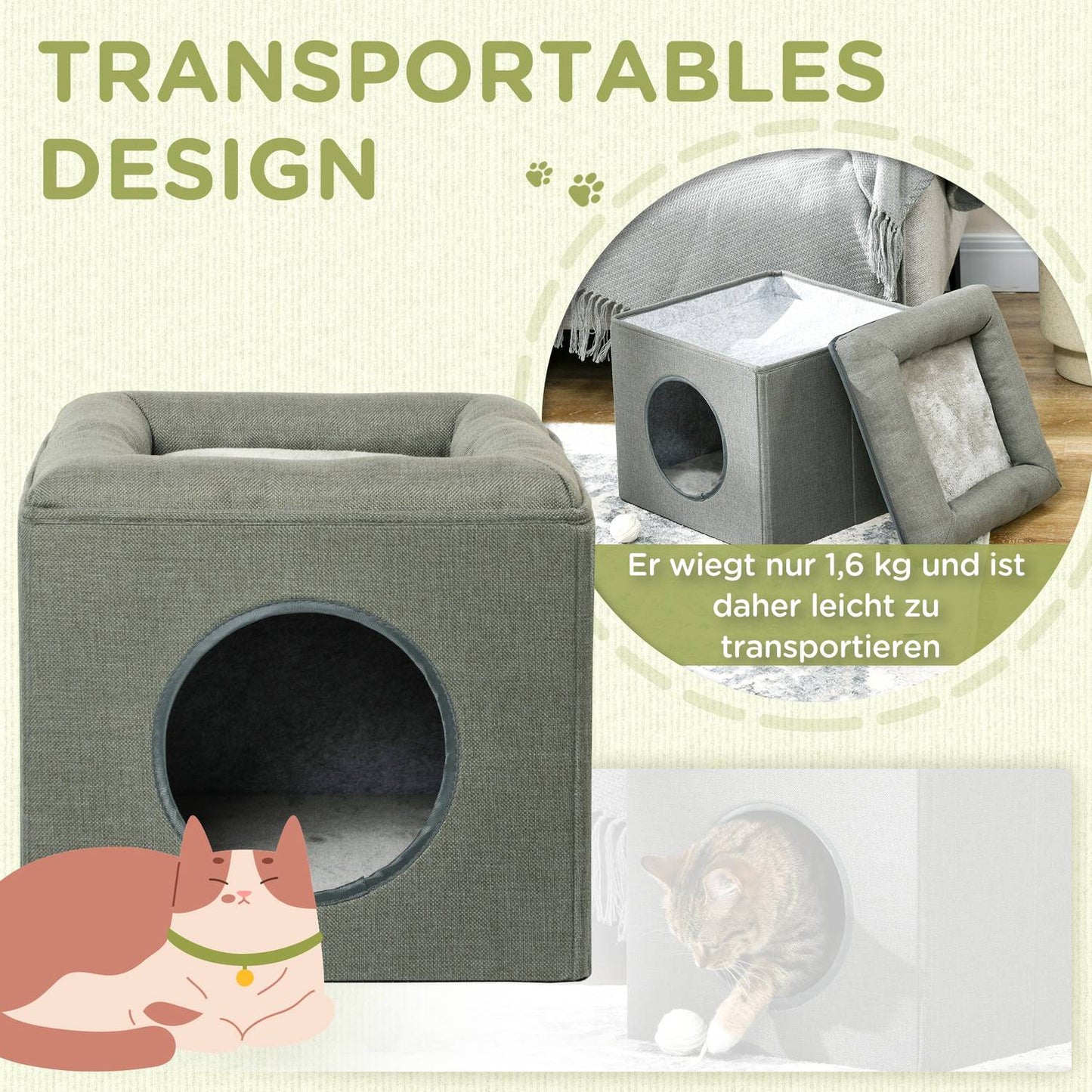Two-story cat cave with cushion, suitable for cats up to 5 kg