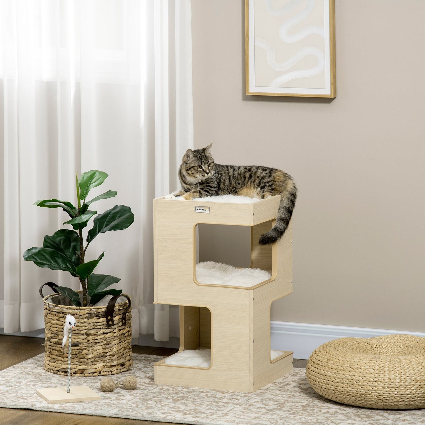 3-level indoor oak cat house with pillow and toy