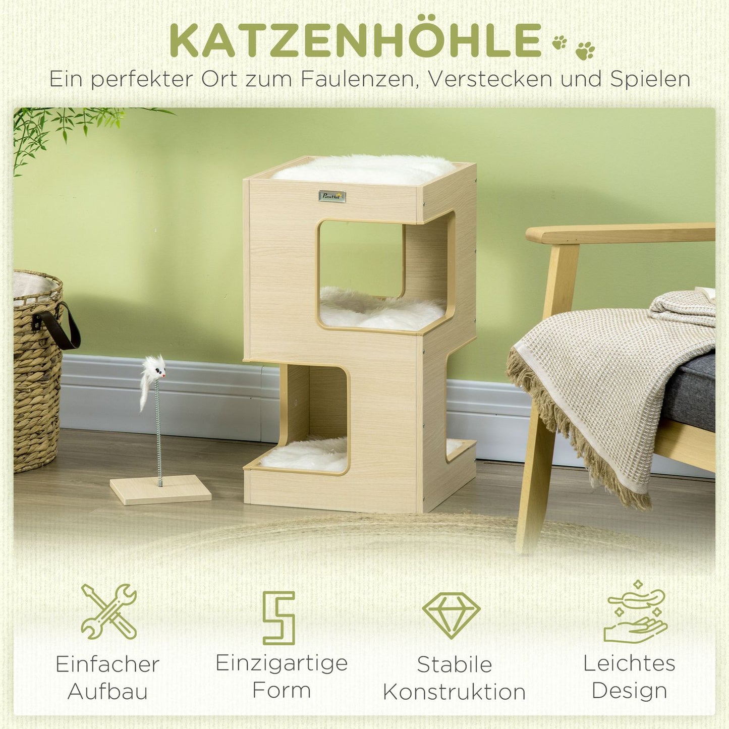 3-level indoor oak cat house with pillow and toy