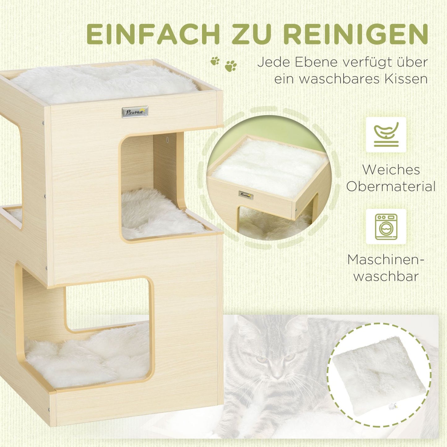 3-level indoor oak cat house with pillow and toy