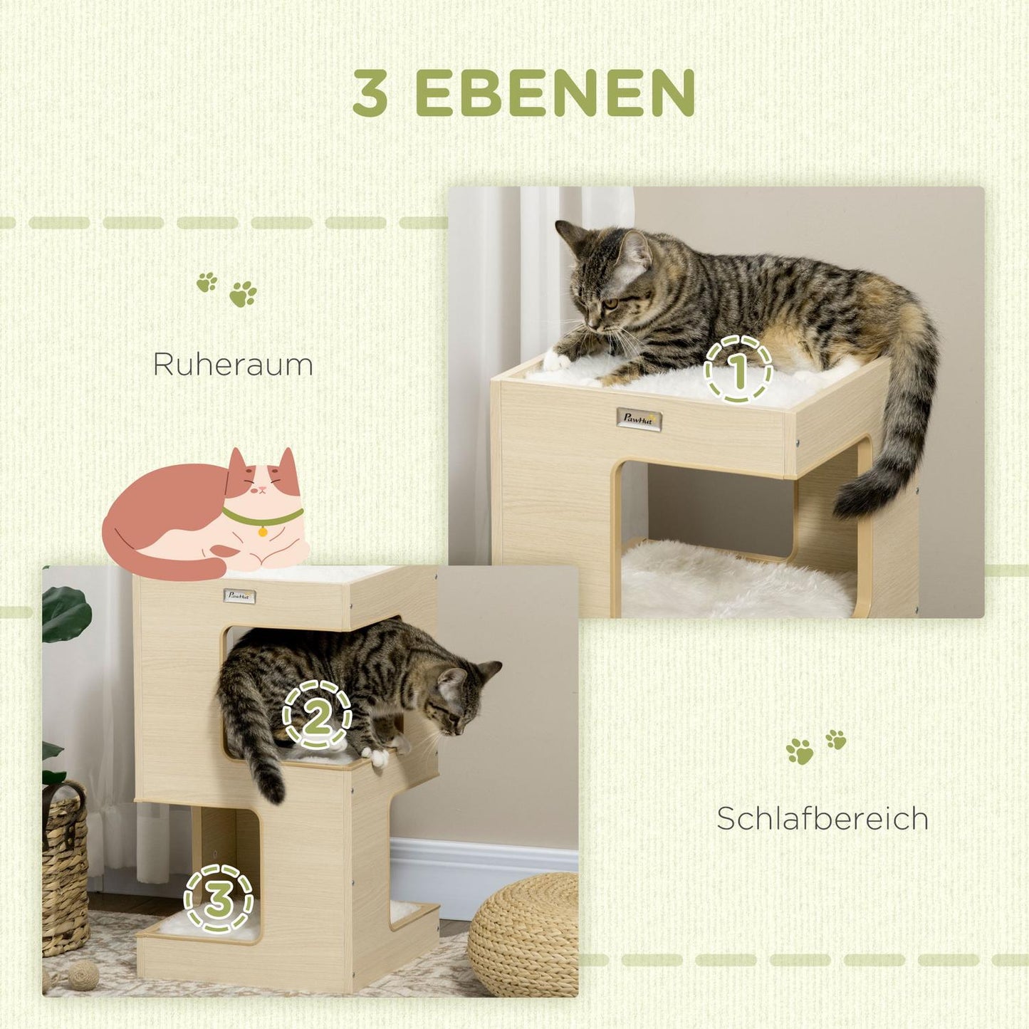 3-level indoor oak cat house with pillow and toy