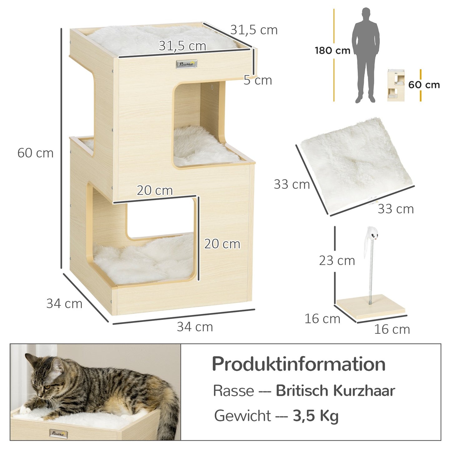 3-level indoor oak cat house with pillow and toy