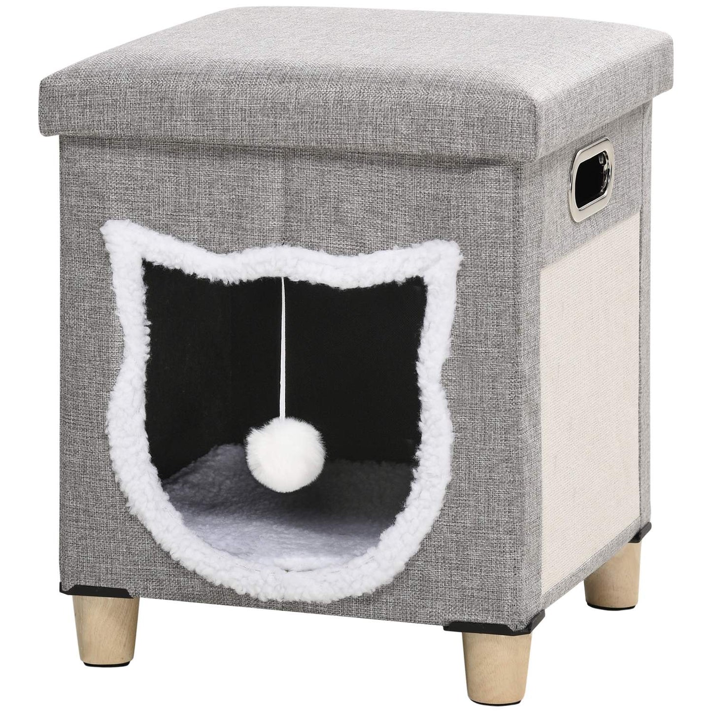 Cat Cave Ottoman with cushion and scratching ball, Anti-Slip Grey