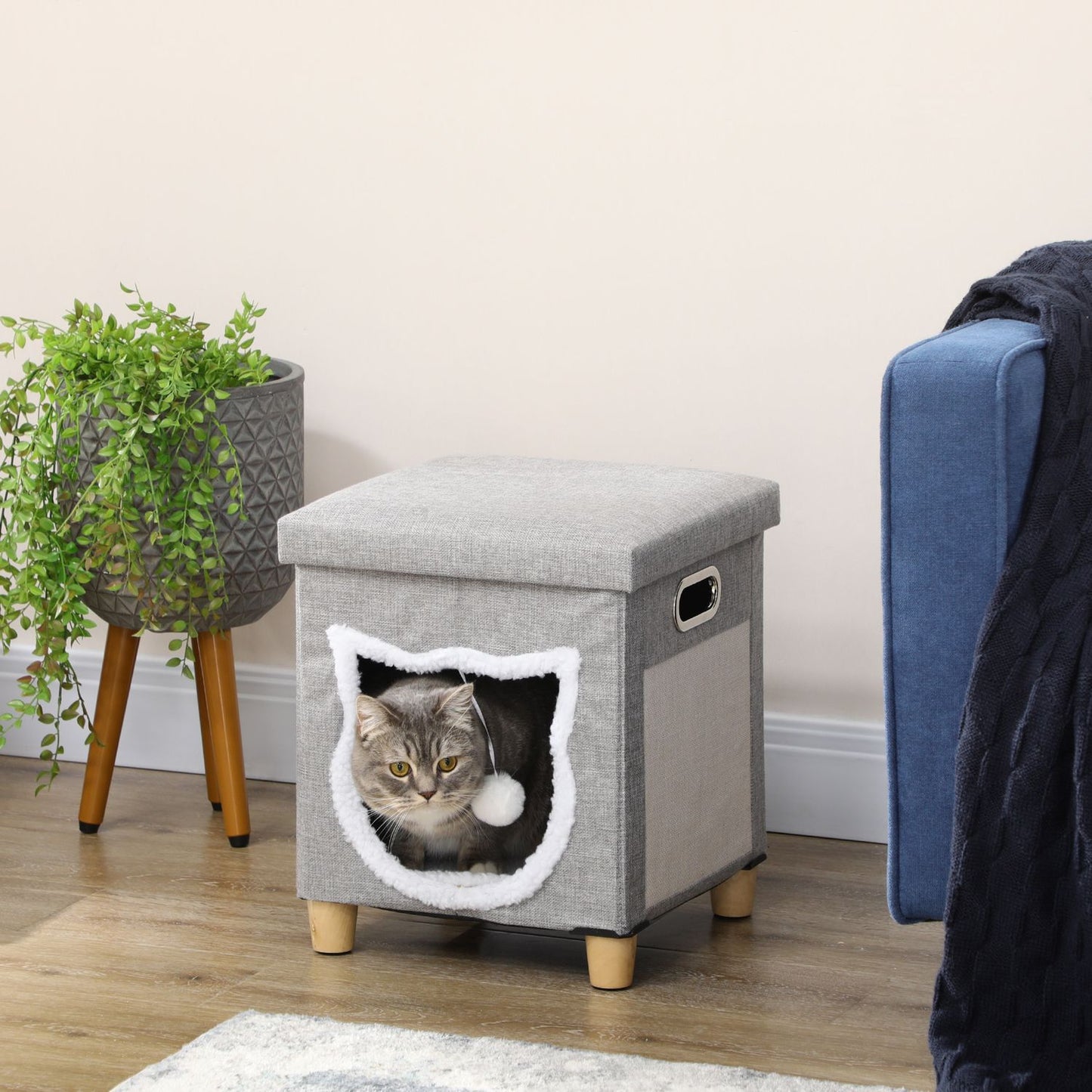 Cat Cave Ottoman with cushion and scratching ball, Anti-Slip Grey