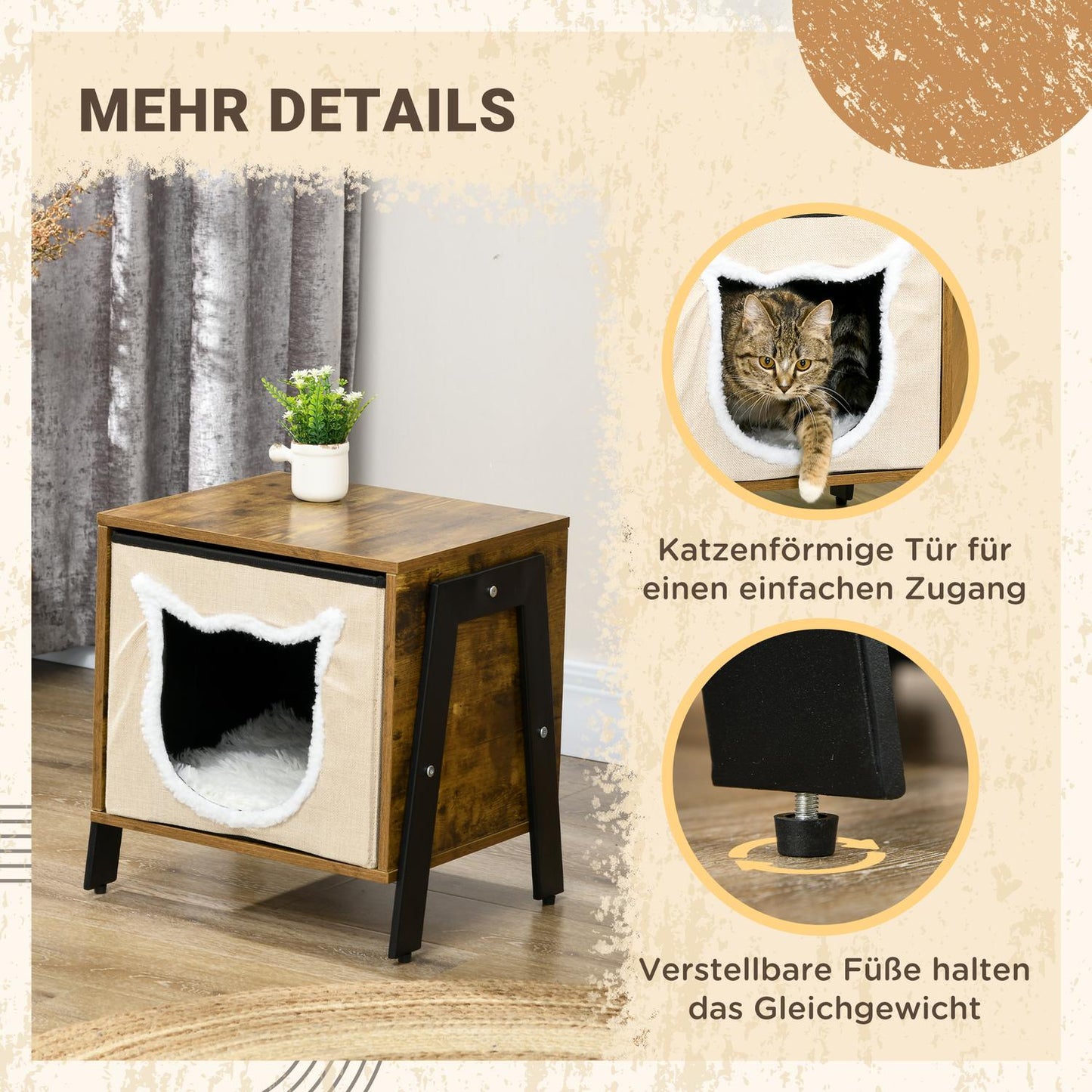 Cat cave with cushion and base, fits cats up to 5 kg, rustic brown