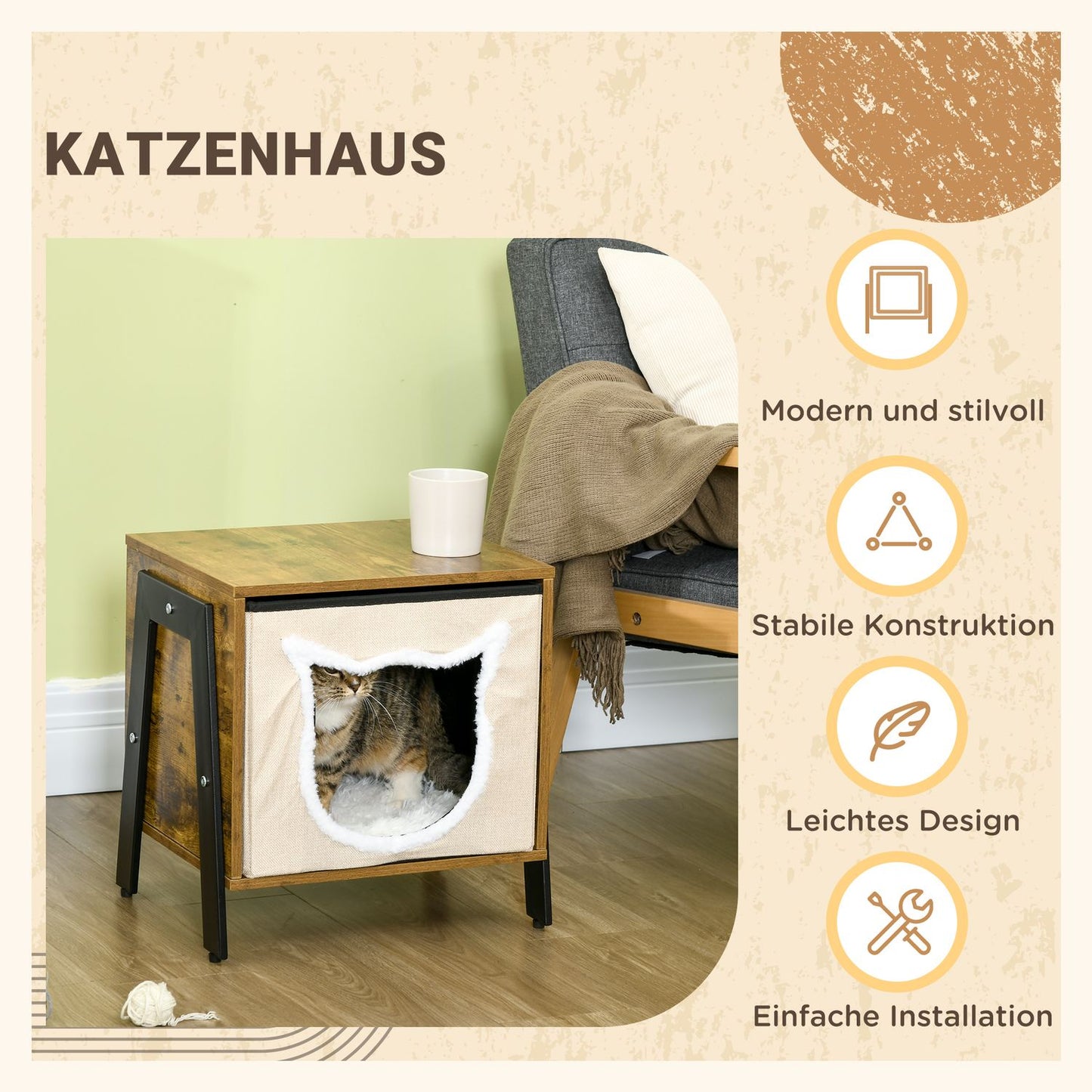 Cat cave with cushion and base, fits cats up to 5 kg, rustic brown