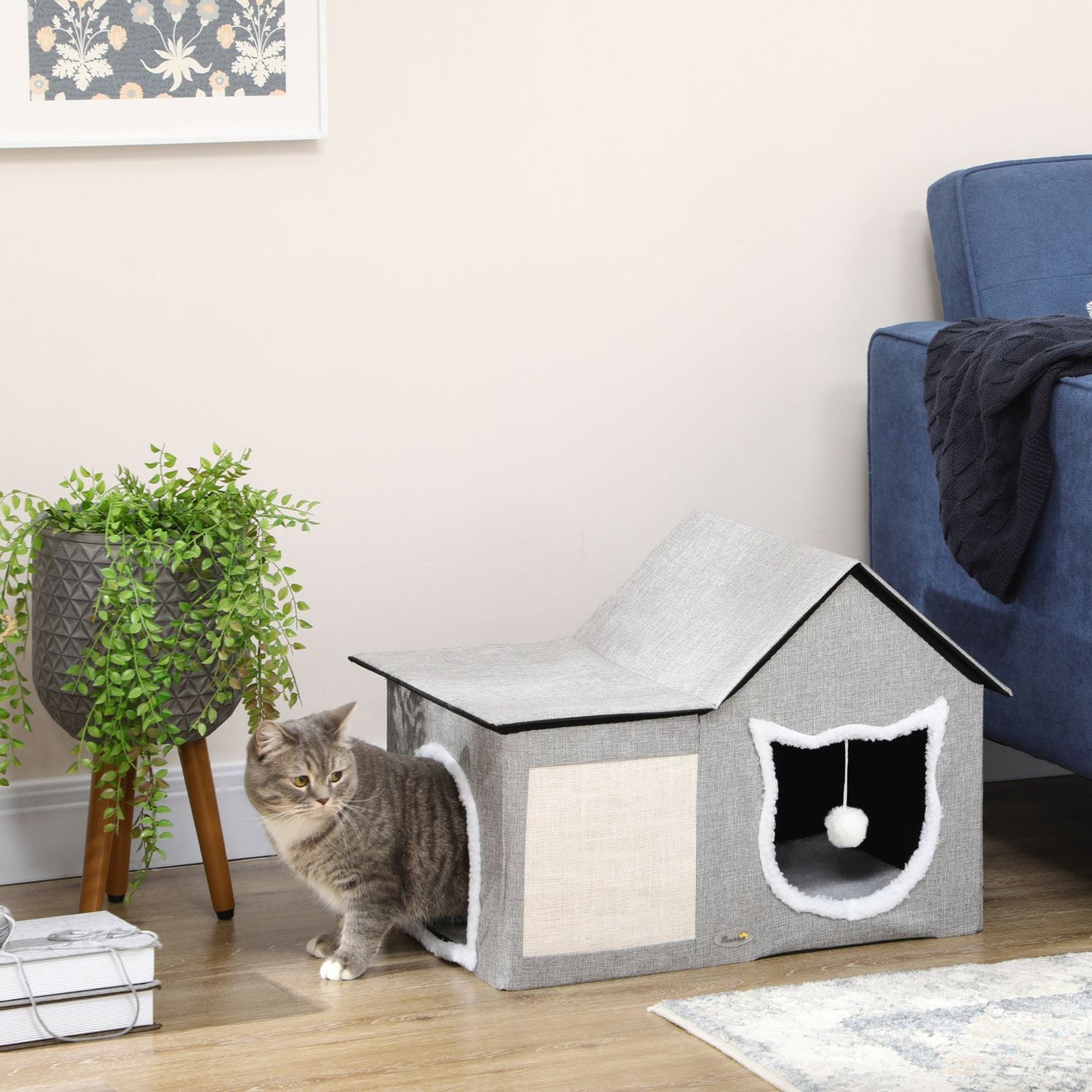 Cat cave with scratching surface, doors and padded cushion