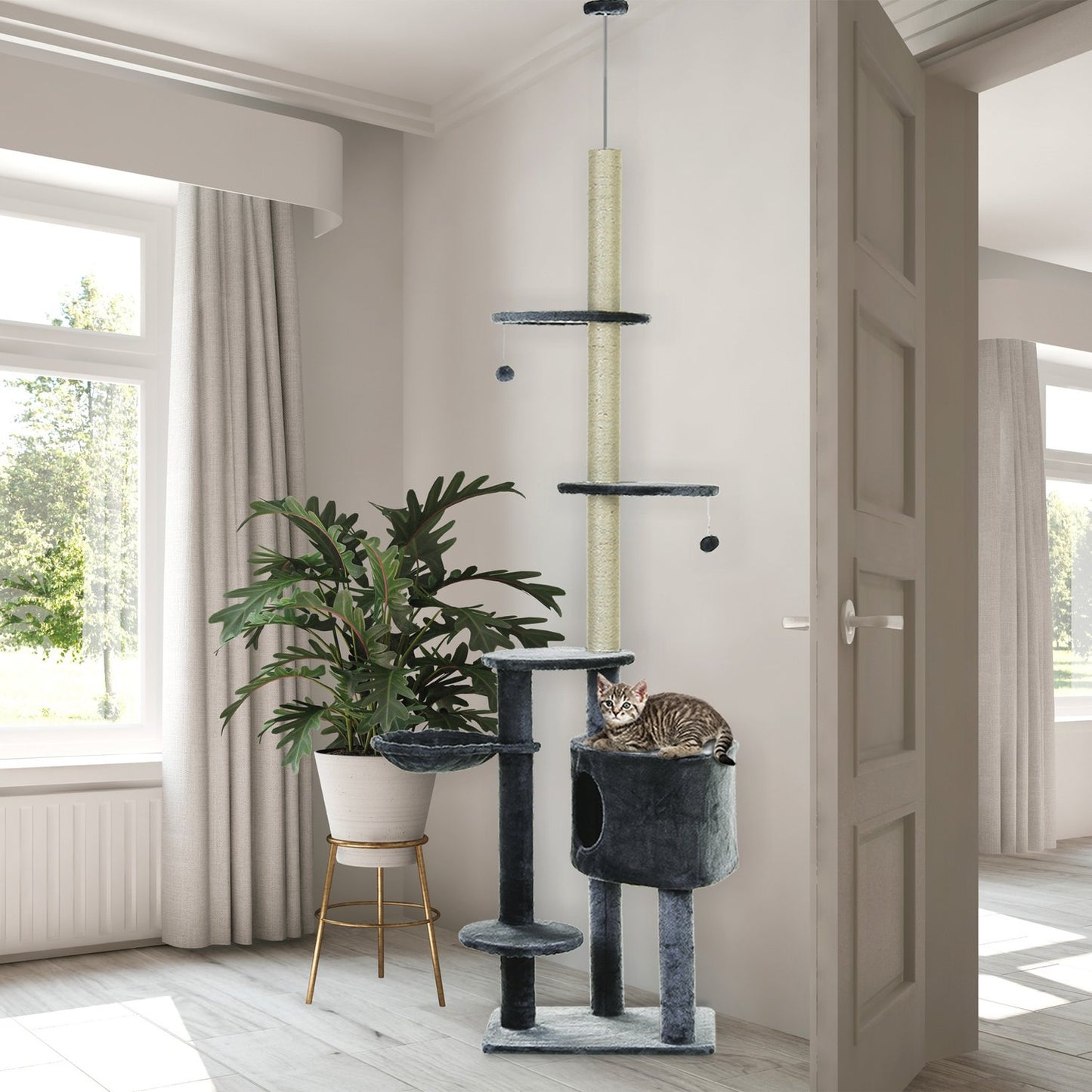 Cat climbing frame, ceiling-high sisal pole, dark grey