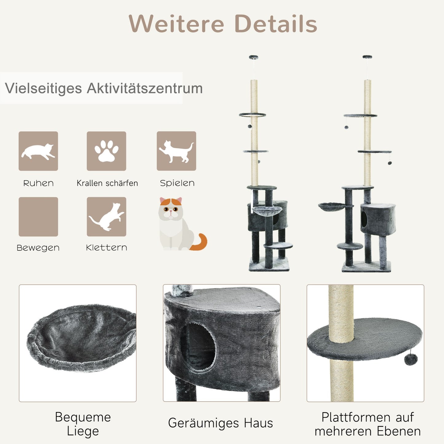 Cat climbing frame, ceiling-high sisal pole, dark grey
