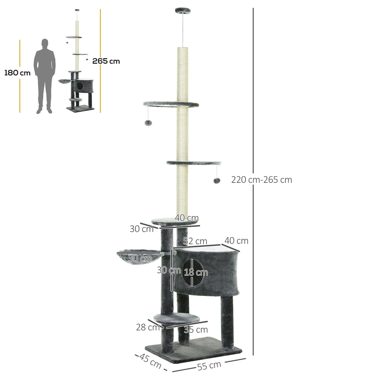 Cat climbing frame, ceiling-high sisal pole, dark grey