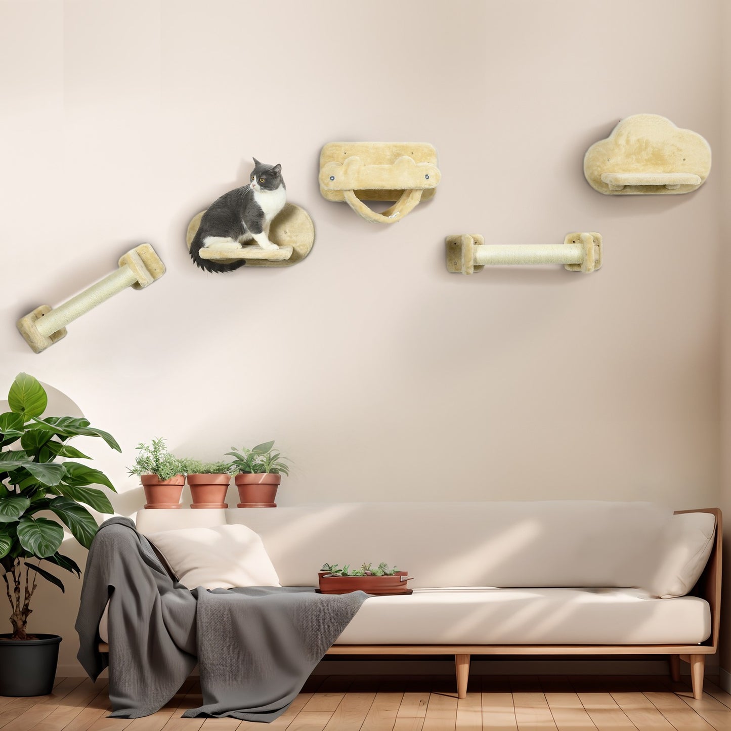 Cat climbing wall set with stairs, scratching posts and hammock