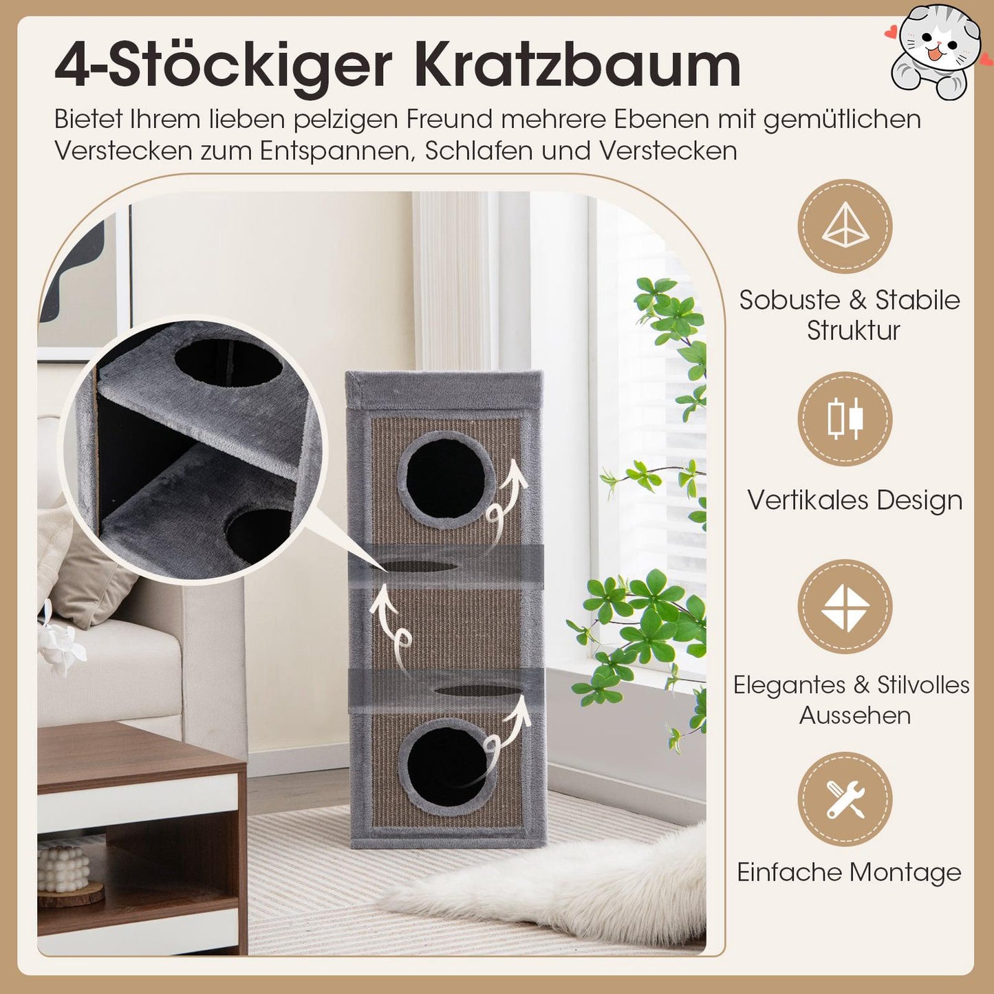 Cat Condo with 4 Levels, 99 cm, Sisal Scratch Posts