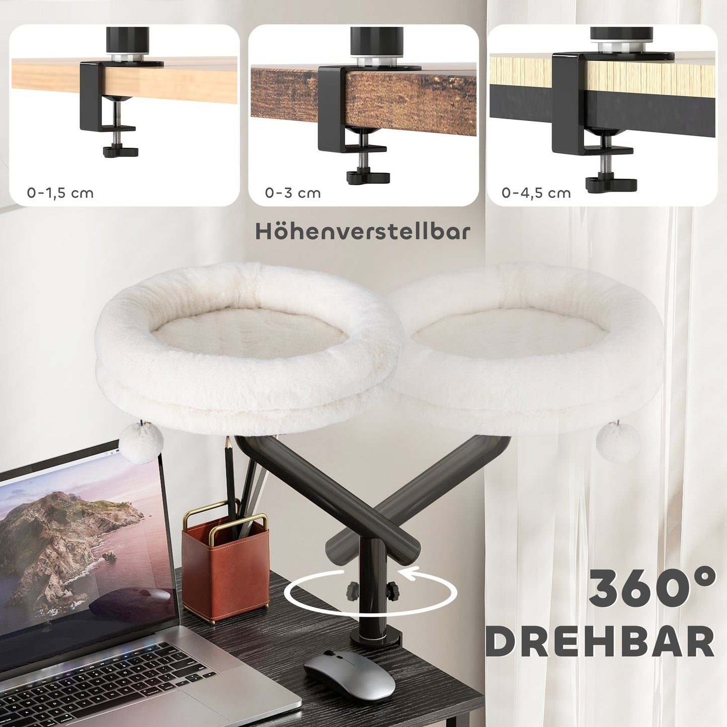 Cat Desk Bed, 360° Rotating, Adjustable Height, Cream