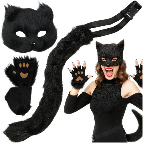 Cat/Fox Costume Set, Black – Mask, Tail, Paws