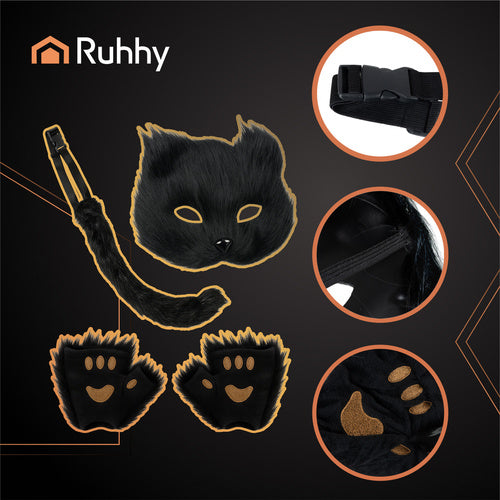 Cat/Fox Costume Set, Black – Mask, Tail, Paws