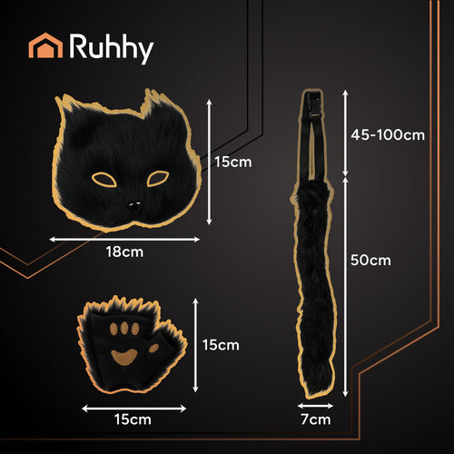 Cat/Fox Costume Set, Black – Mask, Tail, Paws