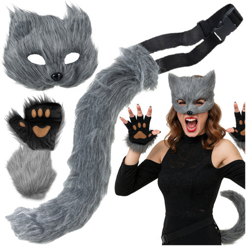 Cat/Fox Costume Set – Mask, Tail, Paws, Gray