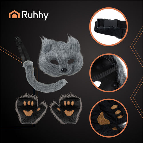 Cat/Fox Costume Set – Mask, Tail, Paws, Gray