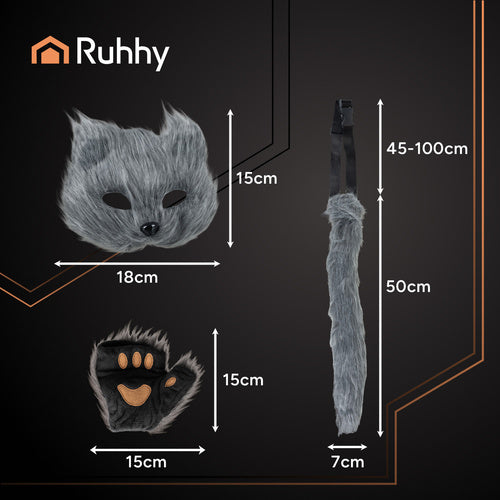 Cat/Fox Costume Set – Mask, Tail, Paws, Gray