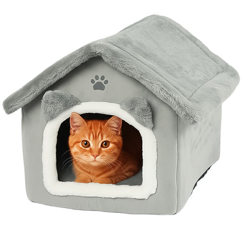Cat House Bed with Removable Roof and Cushion, Gray