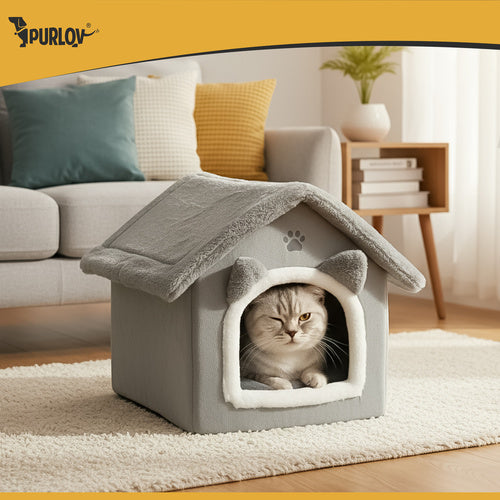 Cat House Bed with Removable Roof and Cushion, Gray