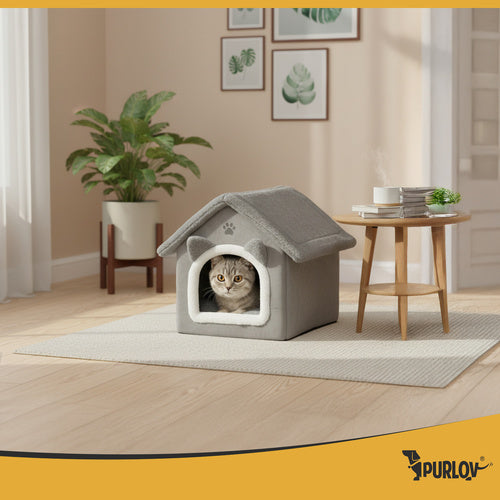 Cat House Bed with Removable Roof and Cushion, Gray