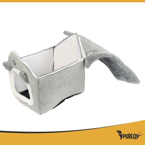 Cat House Bed with Removable Roof and Cushion, Gray