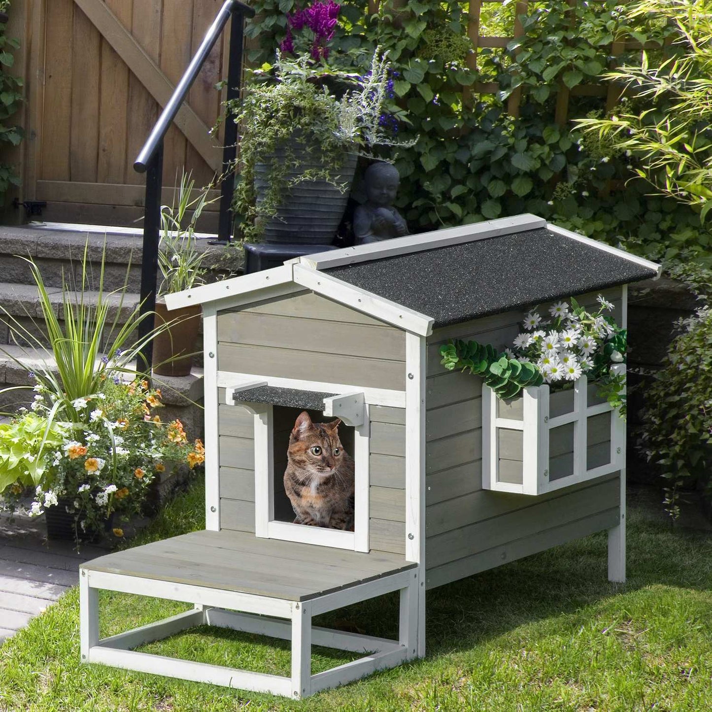 Cat house with terrace & balcony - wood, grey/white