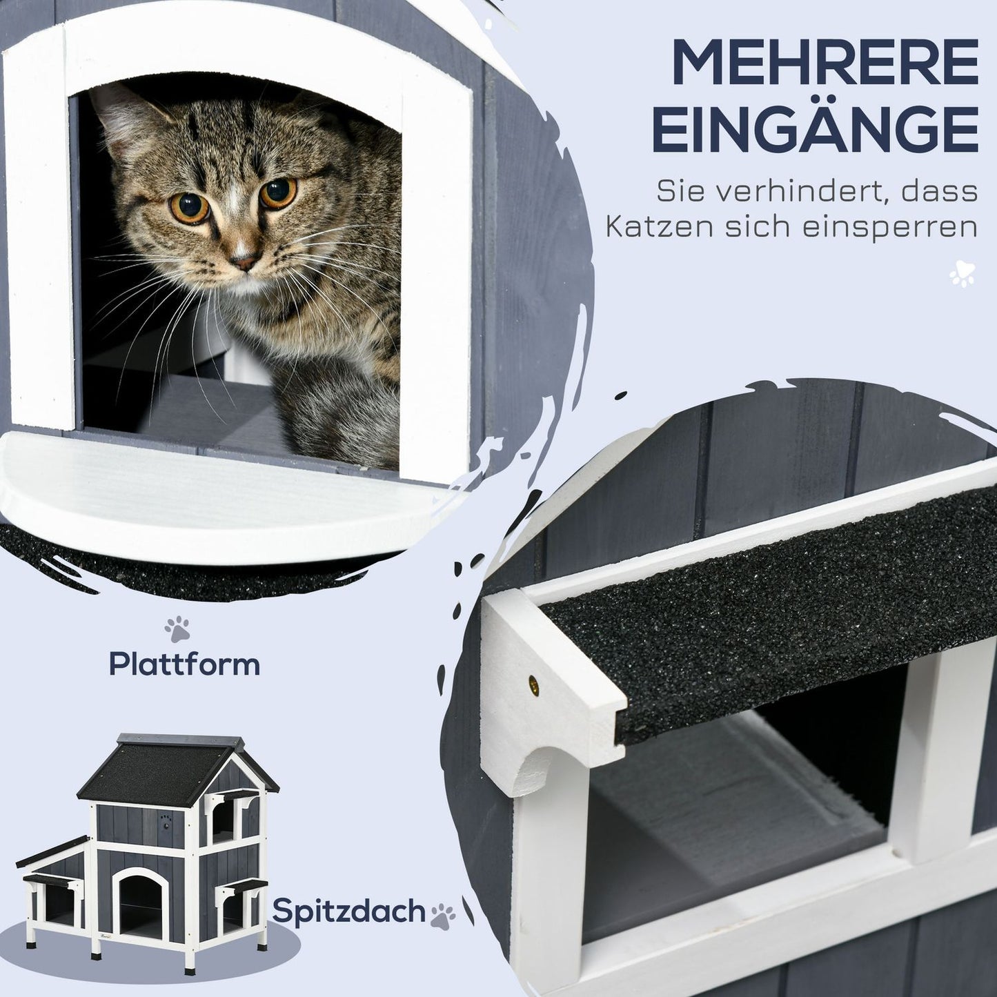 Outdoor cat house, spruce wood, 2 stories, asphalt roof