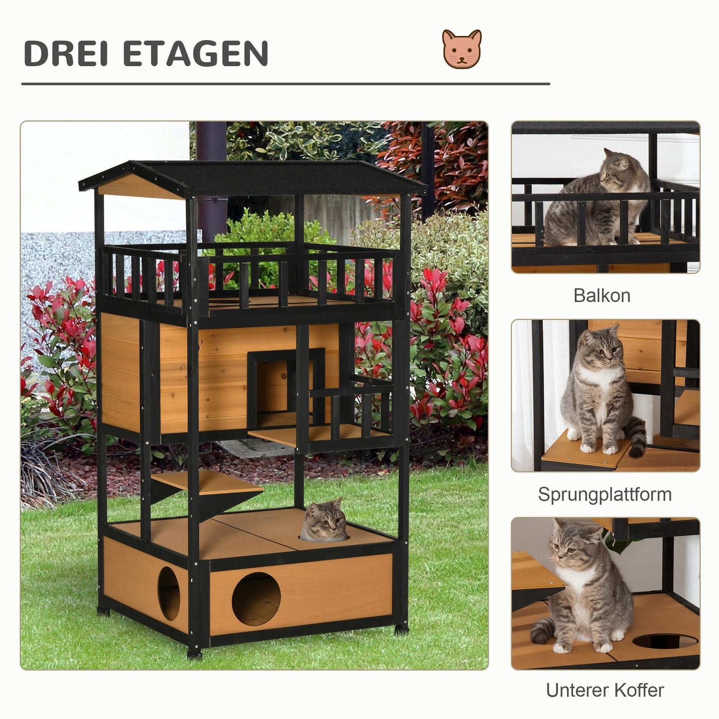 Outdoor Winterproof Spruce Wood Cat House - 4 Levels & Stairs