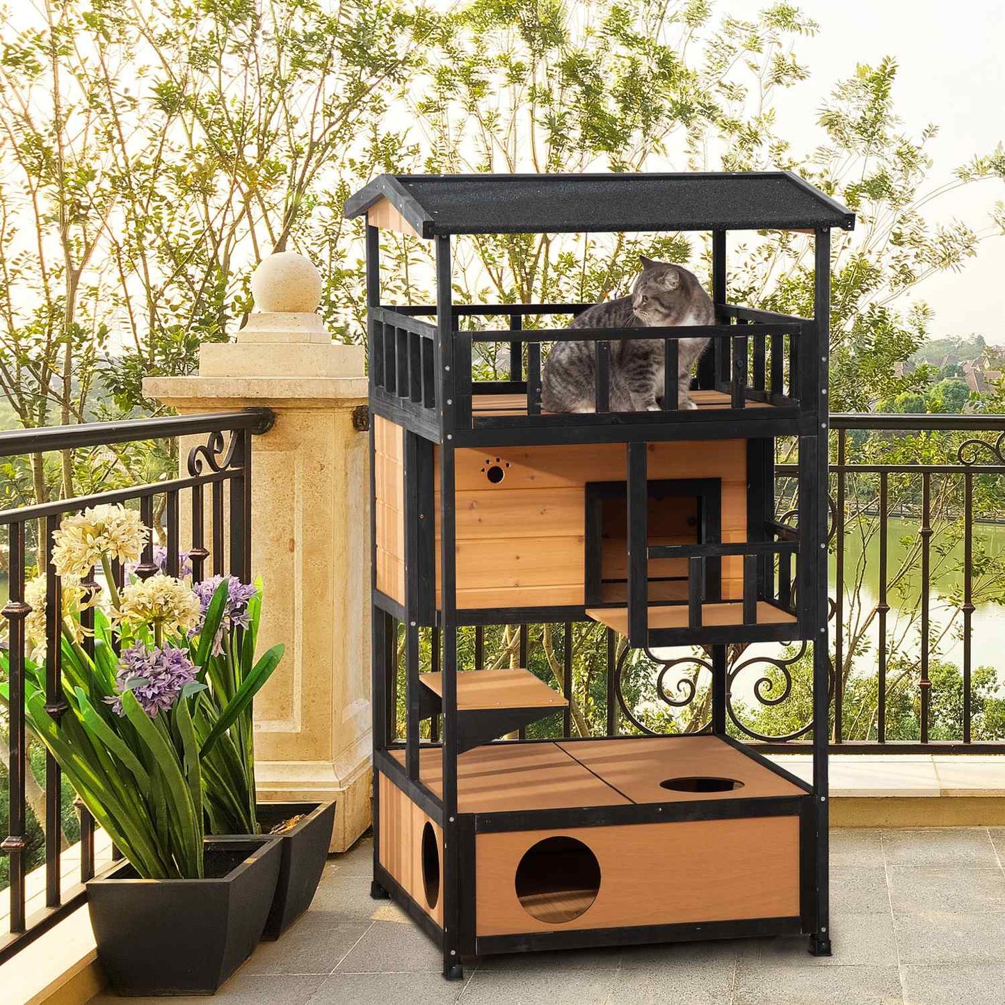 Outdoor Winterproof Spruce Wood Cat House - 4 Levels & Stairs