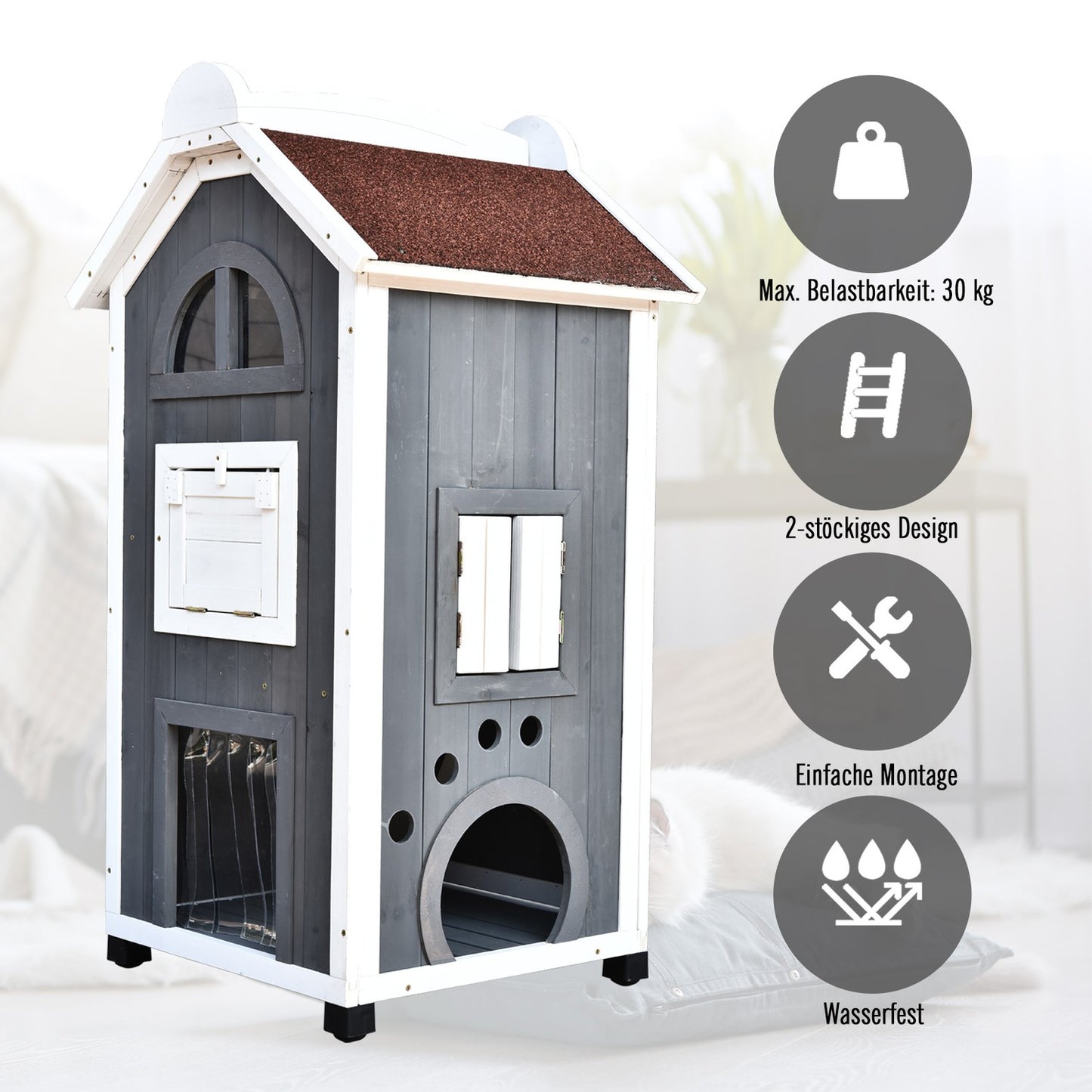 Cat house or litter box - spruce wood, asphalt roof