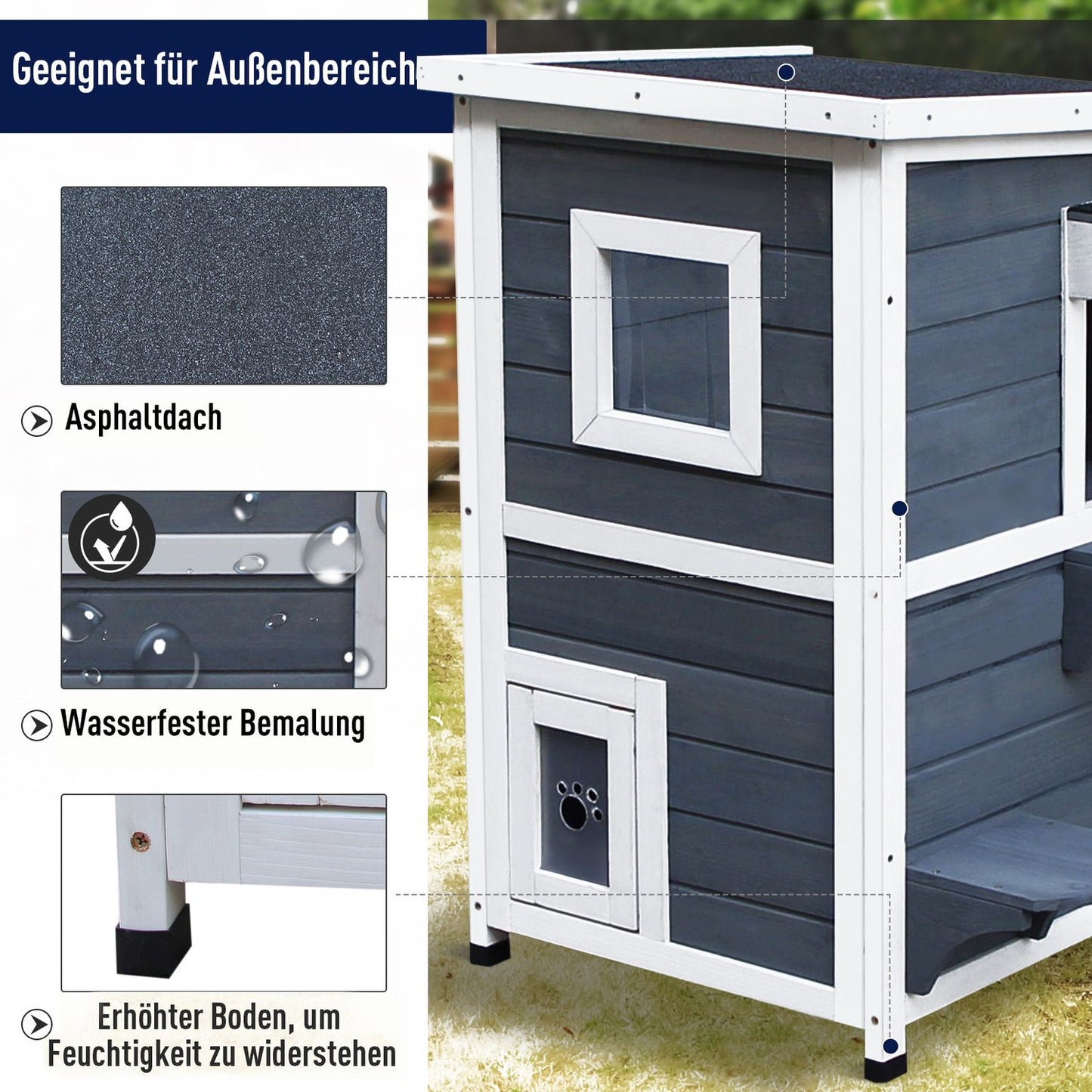 Gray wooden cat house with stairs and windows, 2 floors