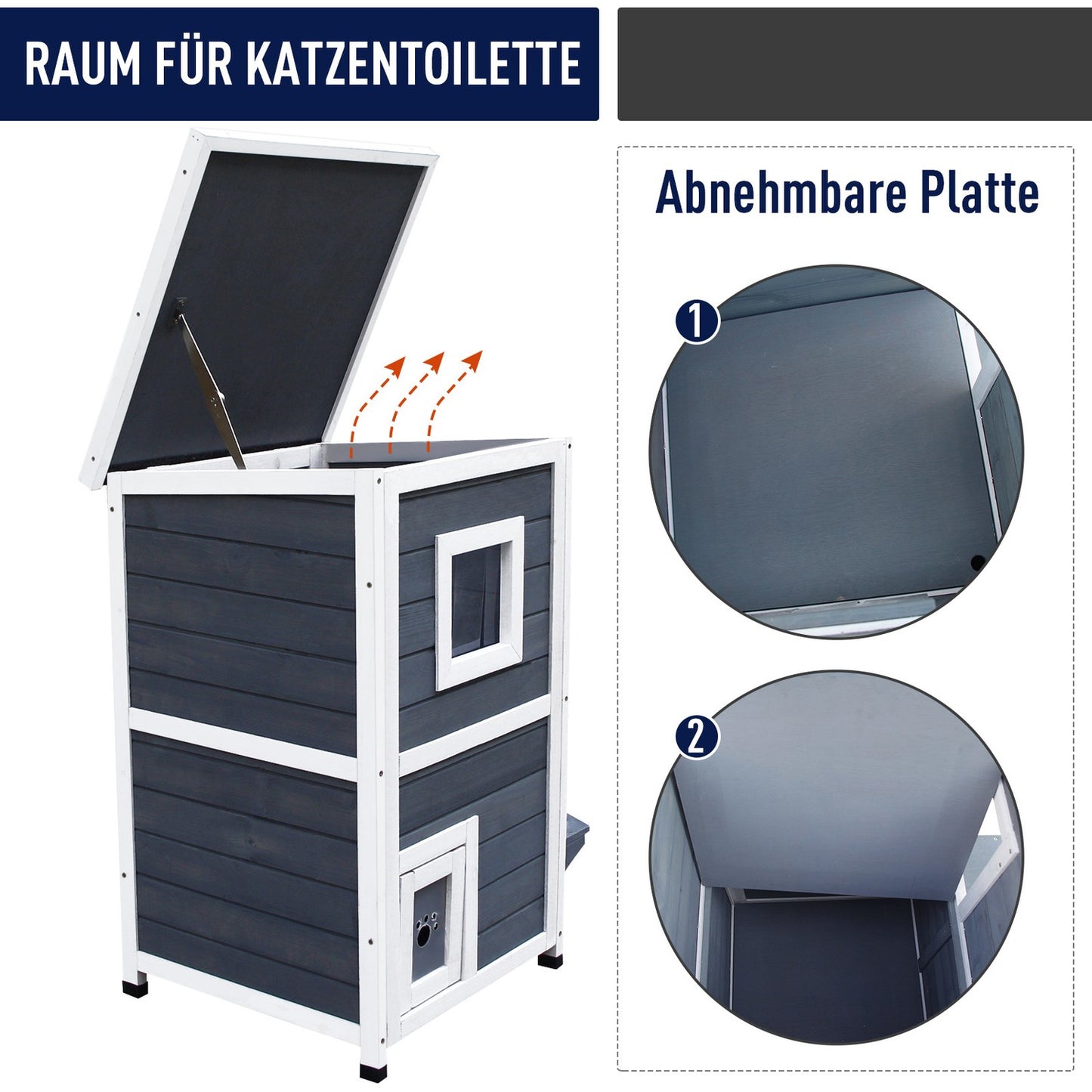 Gray wooden cat house with stairs and windows, 2 floors