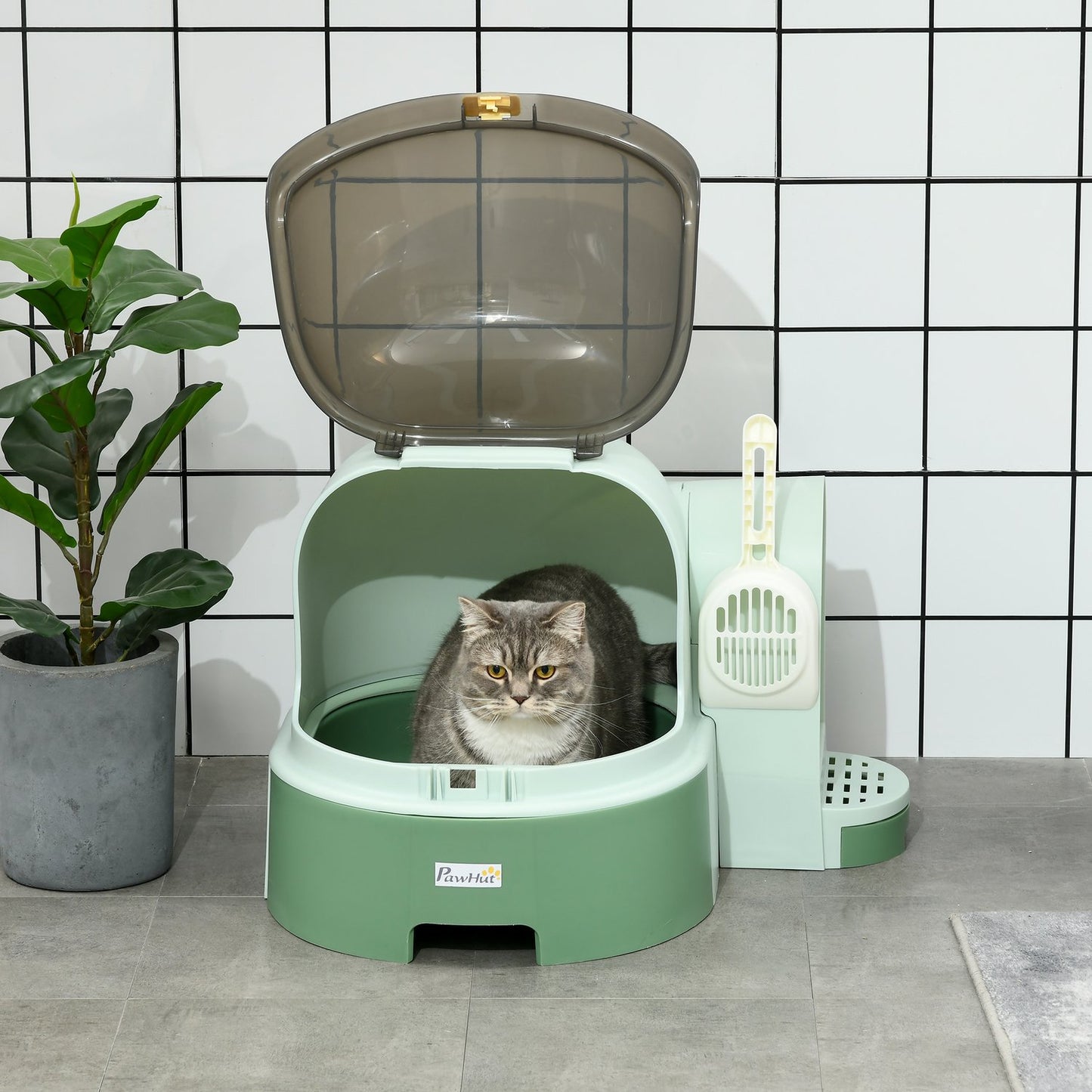Large cat litter box, pull-out compartments, hood, green