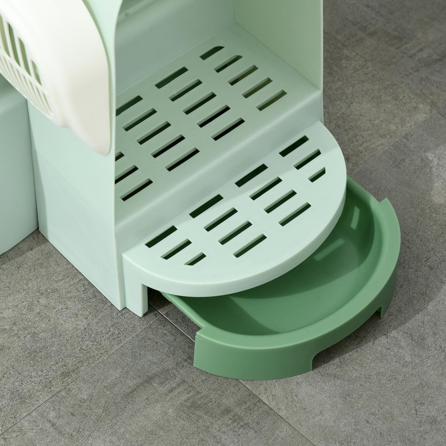 Large cat litter box, pull-out compartments, hood, green