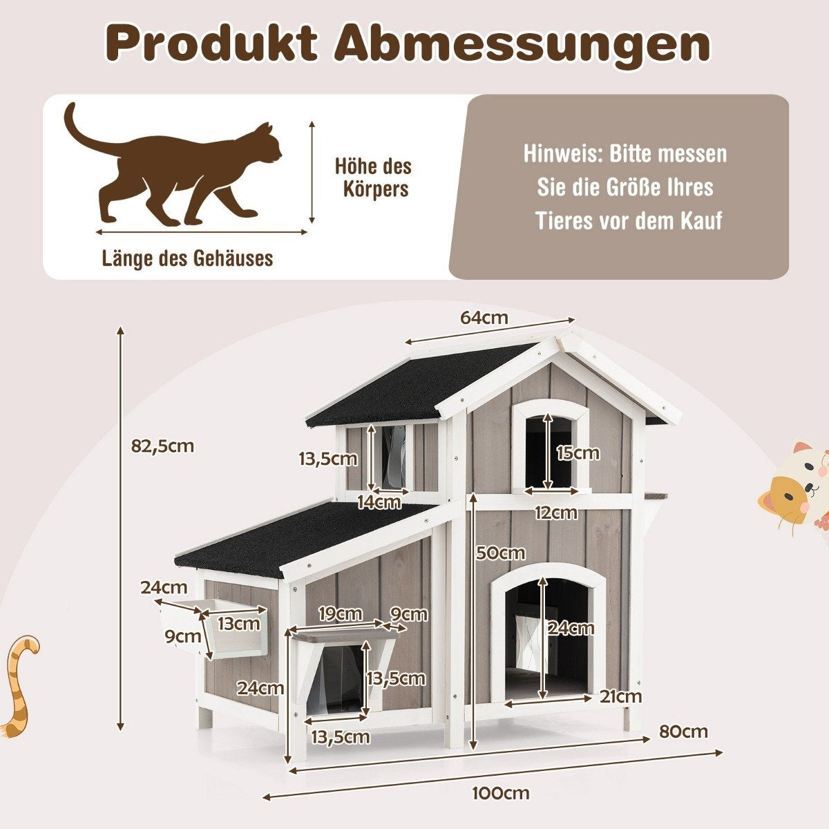 Cat House Outdoor 2-story Cat Hut Cat Villa with Asphalt Roof Gray 100 x 64 x 82.5 cm