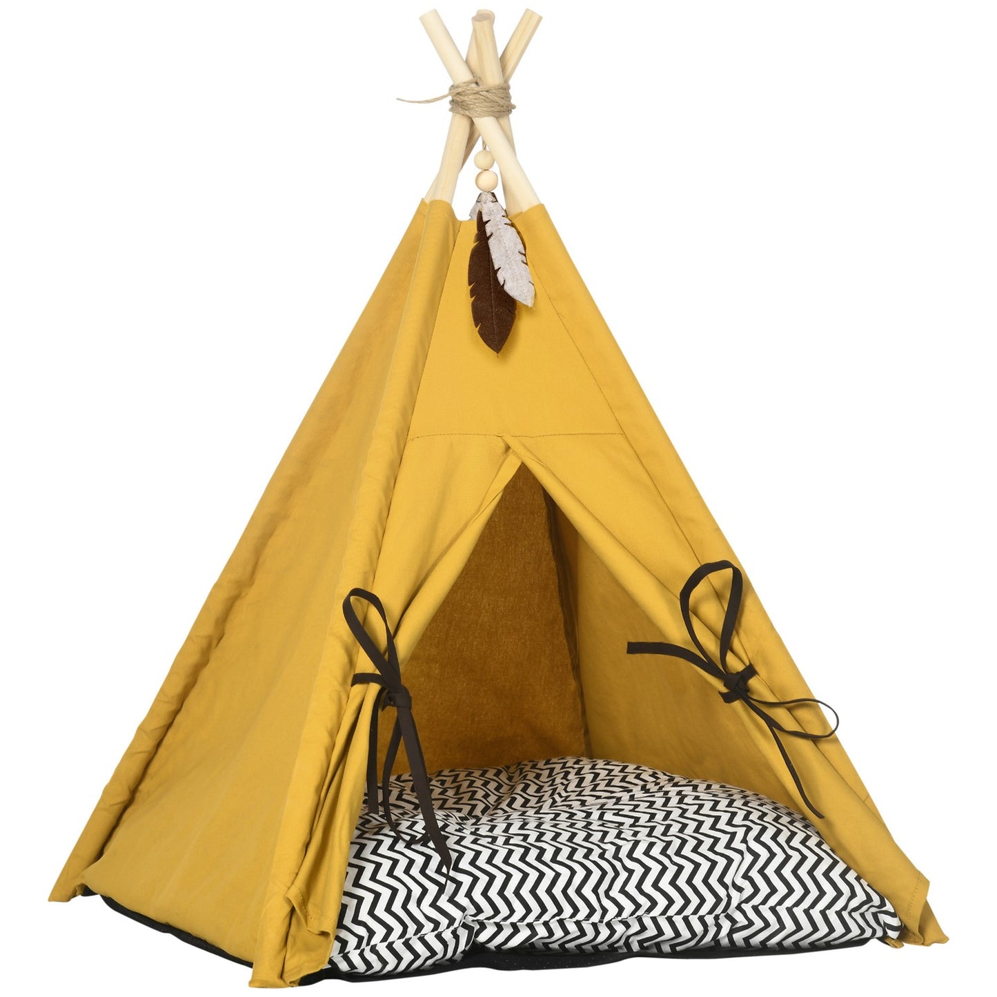 Indoor cat & dog Tipi tent bed, pine, yellow pillow